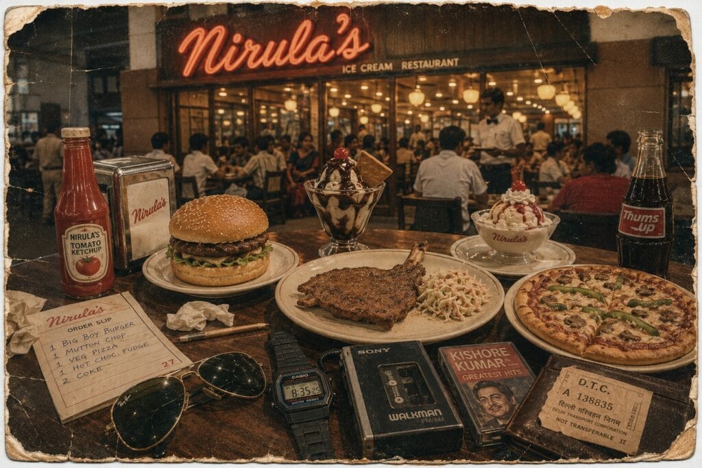 Vintage photograph of Nirula's Connaught Place in the 1980s with Big Boy Burger, mutton chop, pizza and Hot Chocolate Fudge.