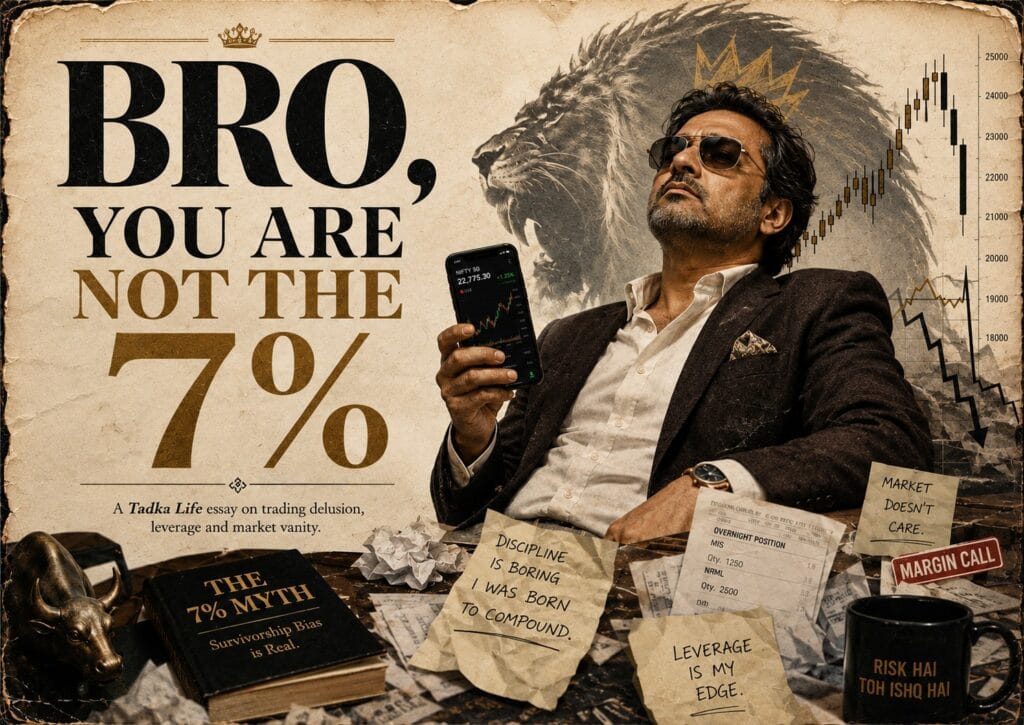 Illustration for the Tadka Life article "BRO: You Are Not the 7%" exploring survivor bias, success stories and the hidden odds behind extraordinary achievement.
