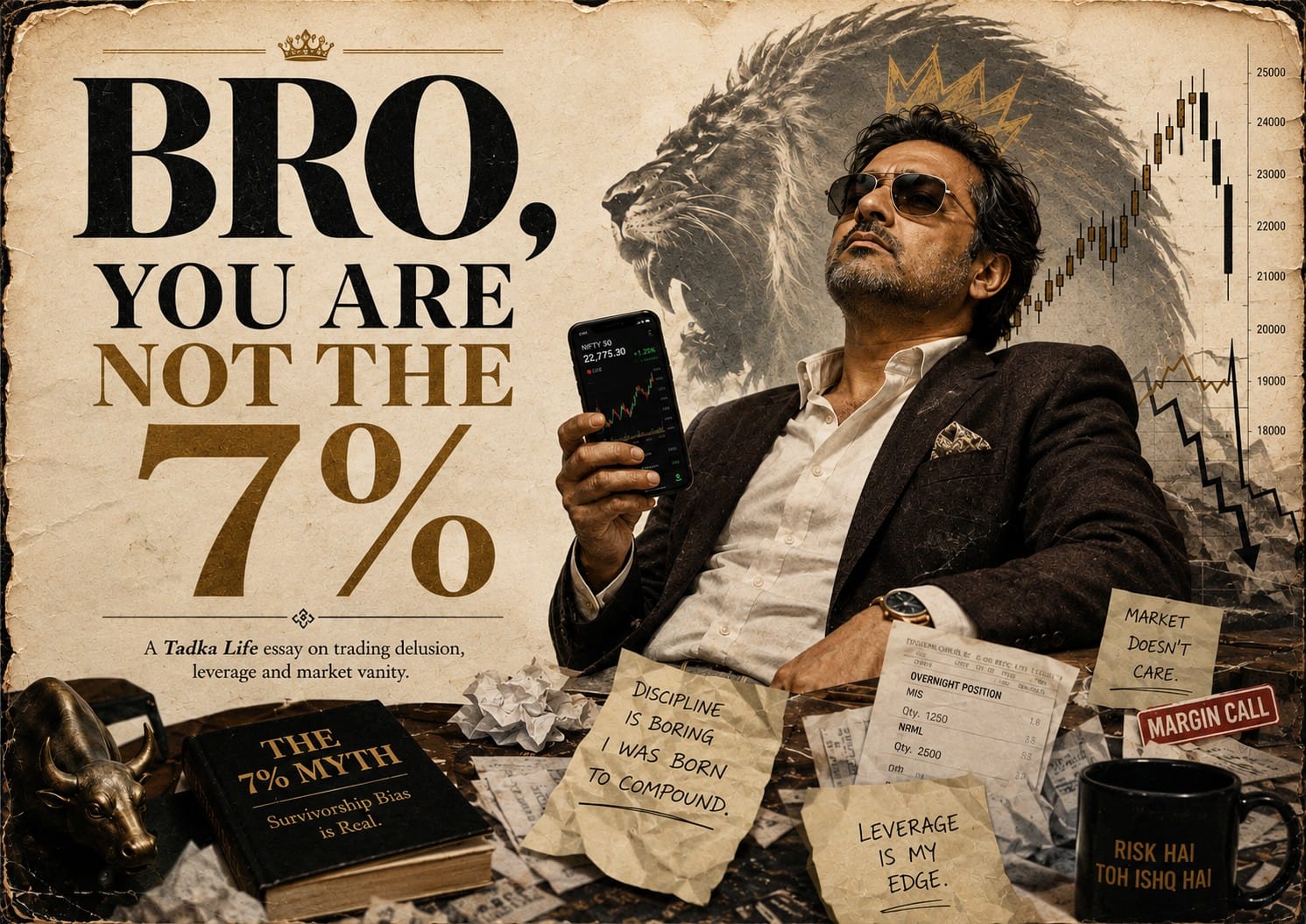 Illustration for the Tadka Life article "BRO: You Are Not the 7%" exploring survivor bias, success stories and the hidden odds behind extraordinary achievement.