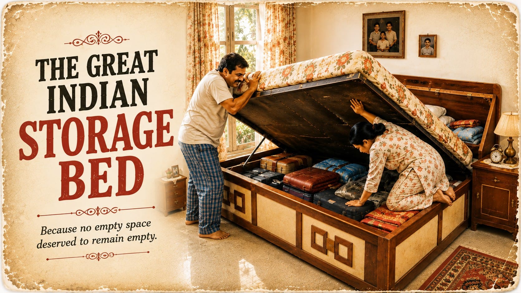 A vintage Indian wooden storage double bed with the mattress lifted open, revealing quilts, blankets and suitcases in a nostalgic 1970s-style bedroom.