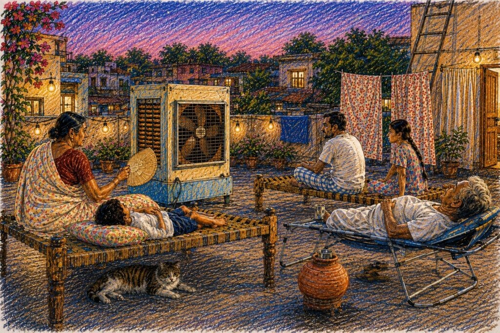 Indian family sleeping on charpoys on a terrace with a desert cooler and surahi during a summer night