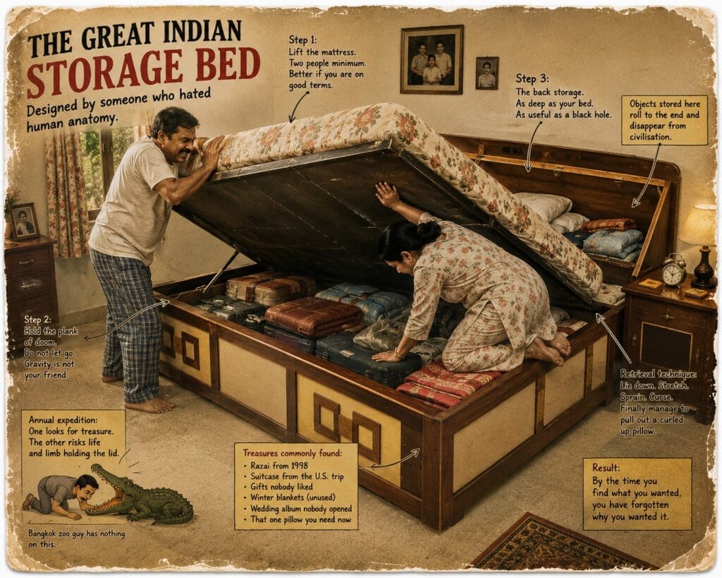 A vintage Indian wooden storage double bed with the mattress lifted open, revealing quilts, blankets and suitcases in a nostalgic 1970s-style bedroom.