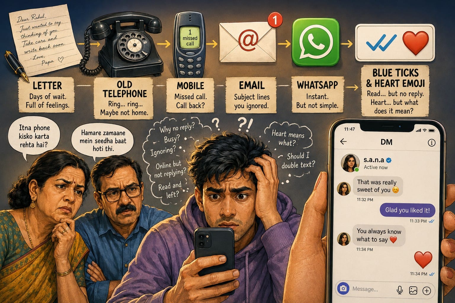 From handwritten letters and landline phones to WhatsApp blue ticks and heart emojis, showing a confused Gen Z user with his parents.