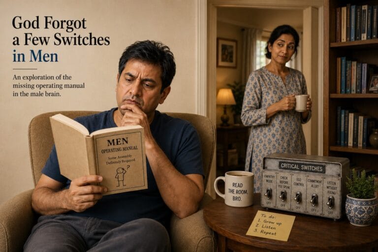 A middle-aged Indian man sits in an armchair, deeply studying a rather unhelpful Men Operating Manual, while a woman watches from behind with the unmistakable expression of someone who already knows how this ends. On the side table sits a panel of permanently switched-off male faculties — empathy, thinking before speaking, ego control, commitment alert and listening without immediately trying to fix things. The mug says it more simply: Read the room, bro.