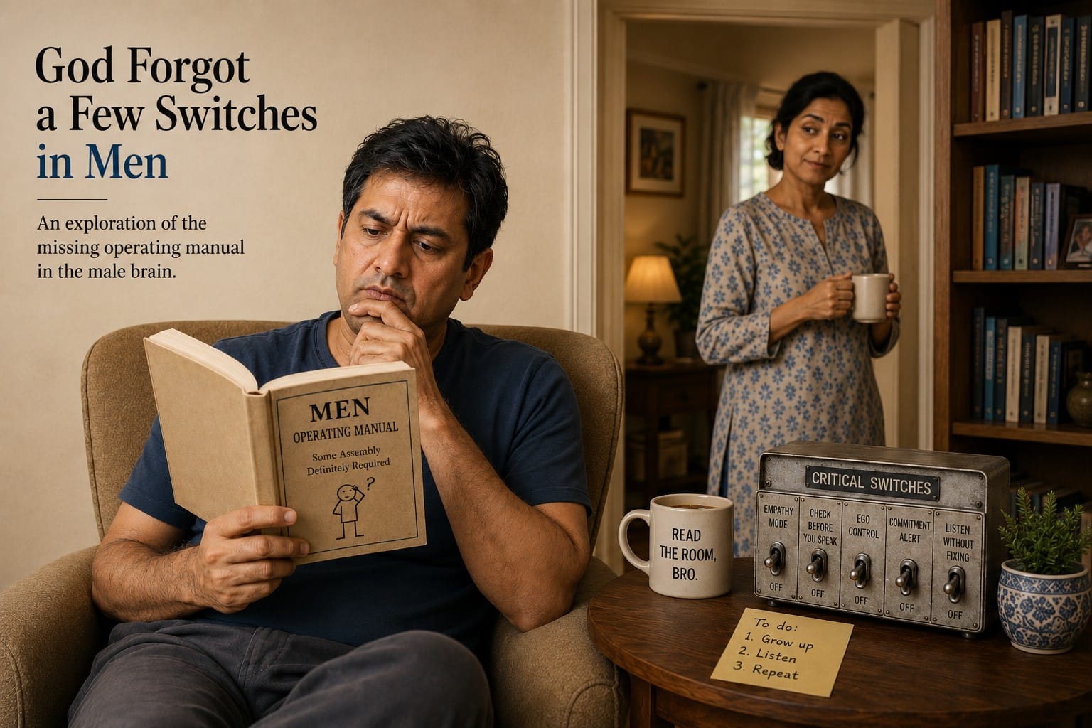 A middle-aged Indian man sits in an armchair, deeply studying a rather unhelpful Men Operating Manual, while a woman watches from behind with the unmistakable expression of someone who already knows how this ends. On the side table sits a panel of permanently switched-off male faculties — empathy, thinking before speaking, ego control, commitment alert and listening without immediately trying to fix things. The mug says it more simply: Read the room, bro.