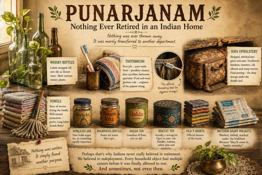 Vintage collage illustrating how Indian households repurposed everyday objects—whisky bottles as flower vases, toothbrushes for household chores, sofa upholstery into storage bags, towels into pochas, and Horlicks jars, Dalda tins and biscuit boxes finding new lives.