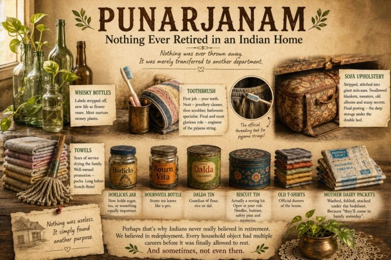 Vintage collage illustrating how Indian households repurposed everyday objects—whisky bottles as flower vases, toothbrushes for household chores, sofa upholstery into storage bags, towels into pochas, and Horlicks jars, Dalda tins and biscuit boxes finding new lives.