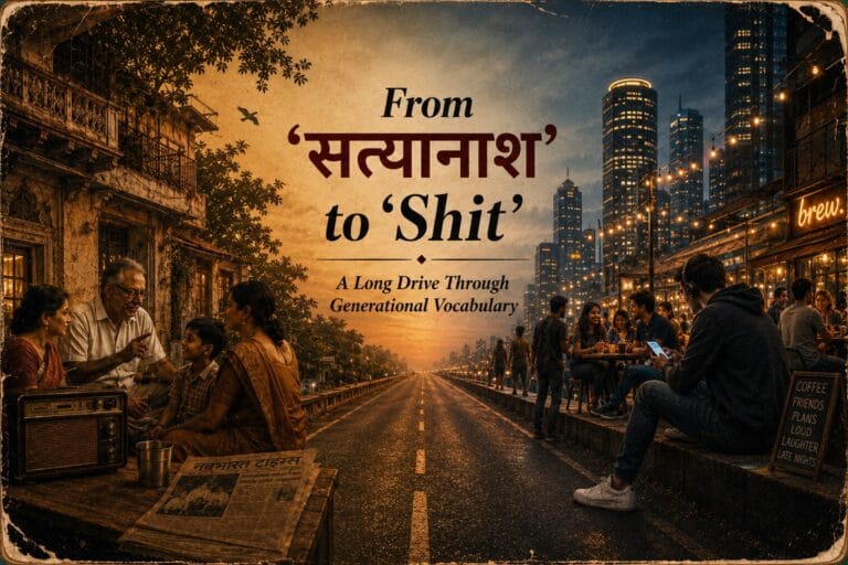A premium, frayed-edge editorial illustration showing a generational journey through India. On one side, an older Indian household evokes the world of family conversations, newspapers, shared spaces and familiar Hindi expressions. On the other, a lively Gen Z urban world of cafés, smartphones, friends and contemporary slang takes over. A road runs through the centre, visually connecting the two eras and reinforcing the idea of a long drive through changing Indian vocabulary and social attitudes.