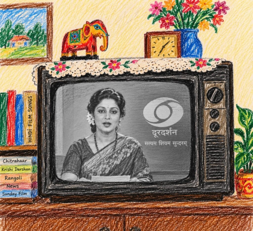 Black-and-white television showing a News, recalling the days of rooftop antennas and early Doordarshan in India.