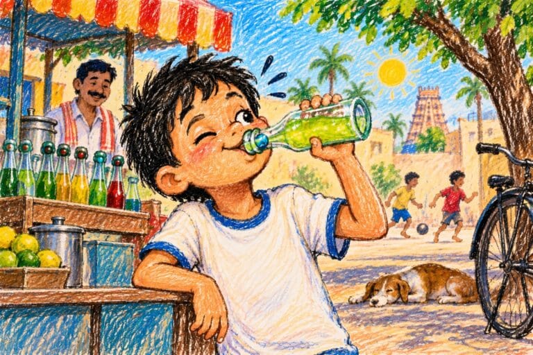 Colorful crayon illustration of a cheerful Indian child drinking a banta bottle on a summer day