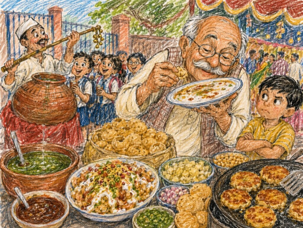 Colorful crayon-style illustration of an Indian chaat stall with jal jeera, gol gappas, papdi chaat, aloo tikki and a mischievous Dadu enjoying the food.