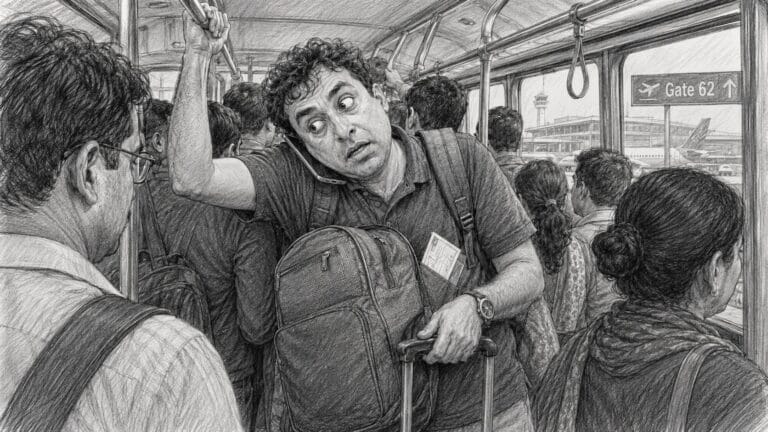 A funny pencil sketch of a frazzled air traveller standing inside a crowded airport bus, balancing a heavy cabin bag and talking on the phone after a chaotic flight journey.