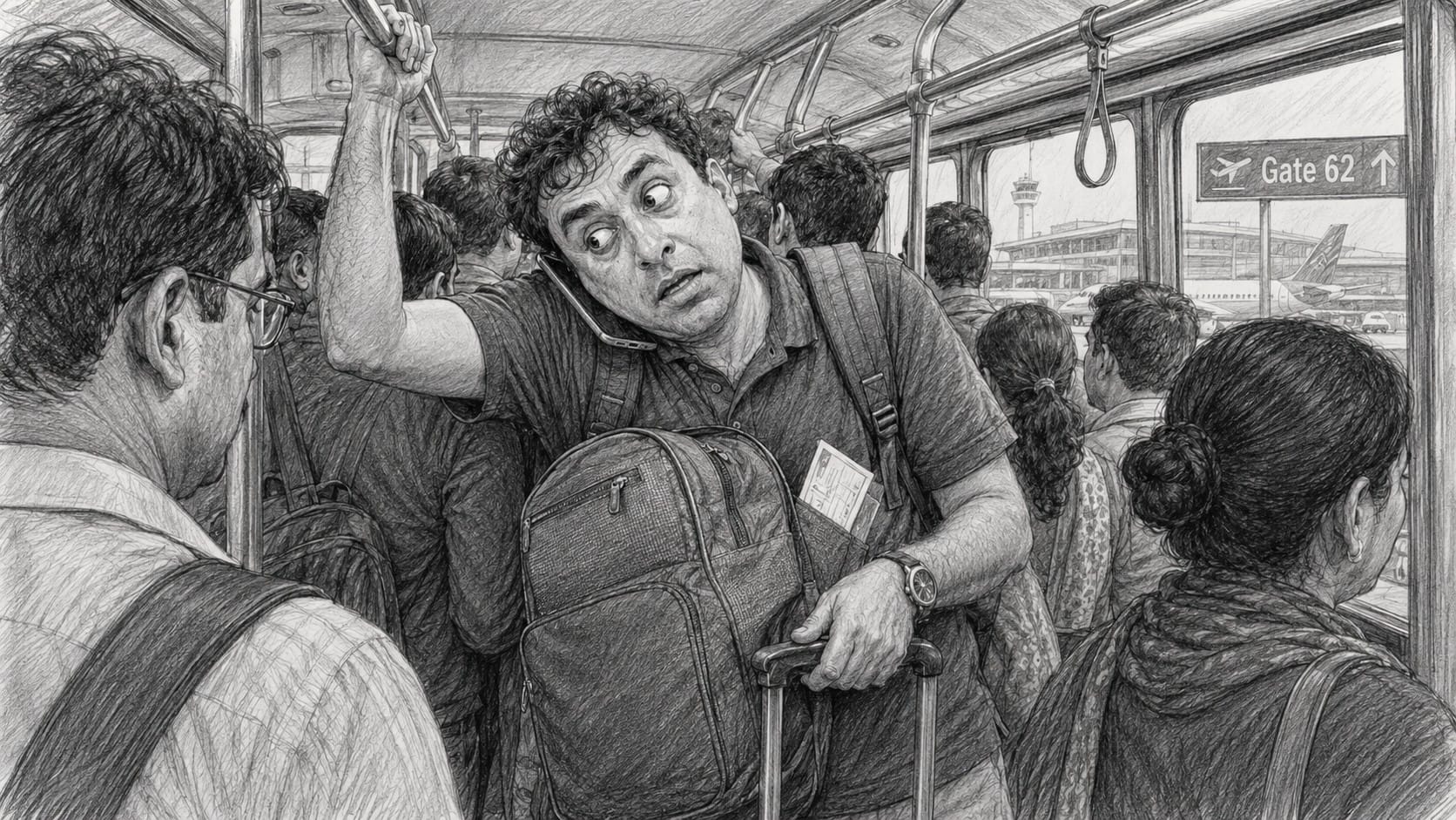 A funny pencil sketch of a frazzled air traveller standing inside a crowded airport bus, balancing a heavy cabin bag and talking on the phone after a chaotic flight journey.
