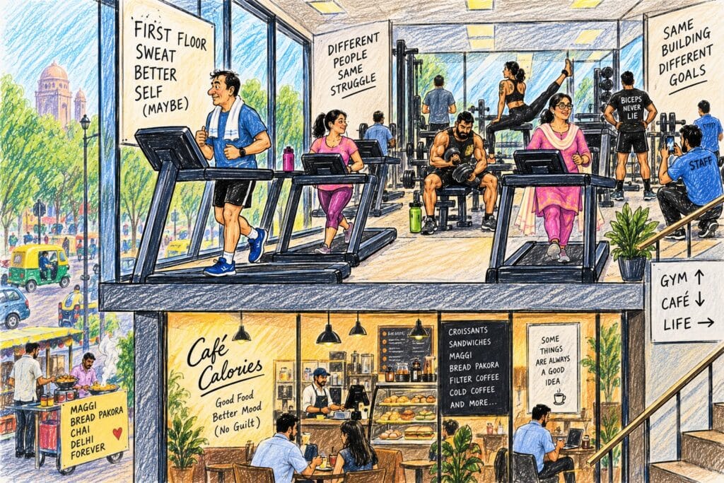 A humorous sketch of a Delhi gym with a man walking on a treadmill, weightlifters upstairs, an auntie lifting dumbbells and a street food vendor outside.