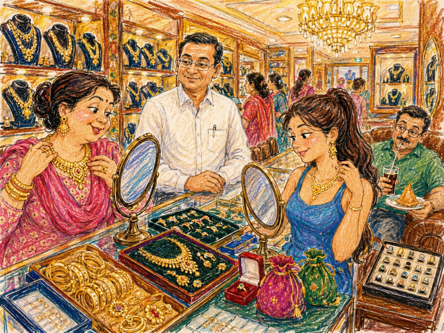 Colorful crayon illustration of an Indian family shopping for wedding jewellery with a jeweller, gold displays and trays of ornaments.