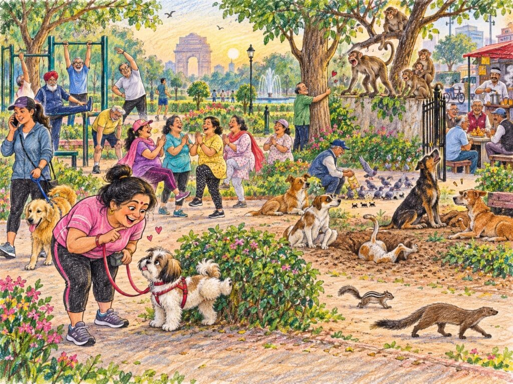 Colorful crayon sketch of a lively Delhi park morning with dog walkers, aunties exercising, stray dogs, monkeys, pigeons, squirrels, a mongoose and a chai stall.