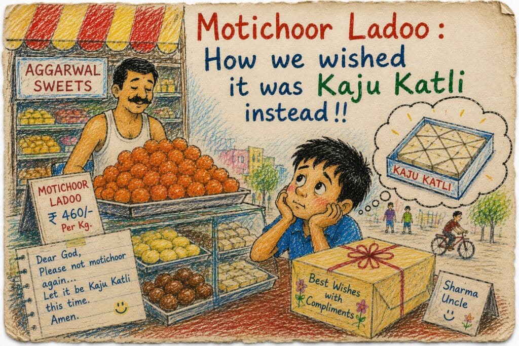 Colorful crayon sketch of a neighbourhood Indian sweet shop piled with orange motichoor ladoos, while a boy dreams of a box of kaju katli.