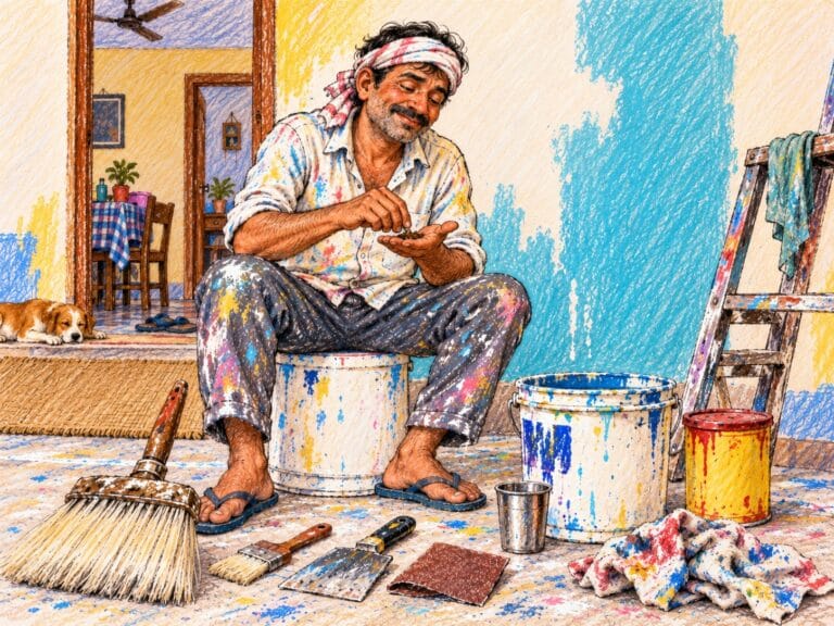 Colorful crayon-style sketch of an Indian house painter sitting on a paint bucket, rubbing khaini in his palm, with brushes, scraper, sandpaper, ladder and paint buckets scattered around him.