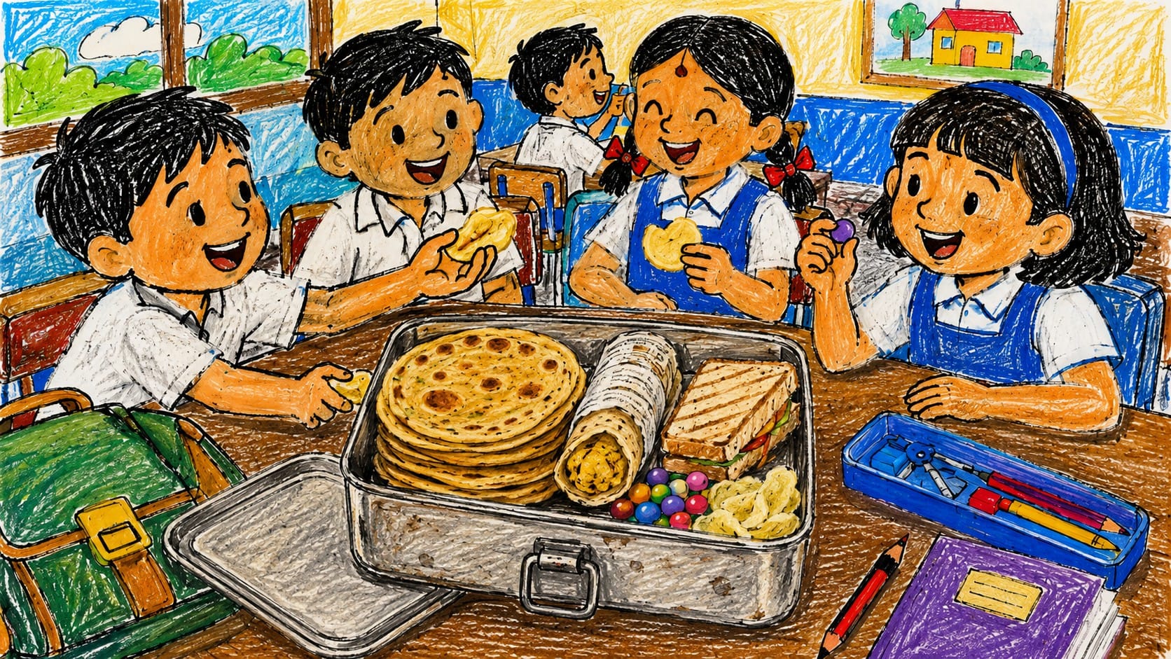 Colourful crayon drawing of schoolchildren sharing paranthas, sandwiches, Gems and snacks from an old aluminium tiffin box during recess.