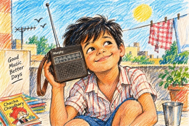 Child listening to a vintage Murphy transistor radio on a rooftop in a colorful crayon illustration
