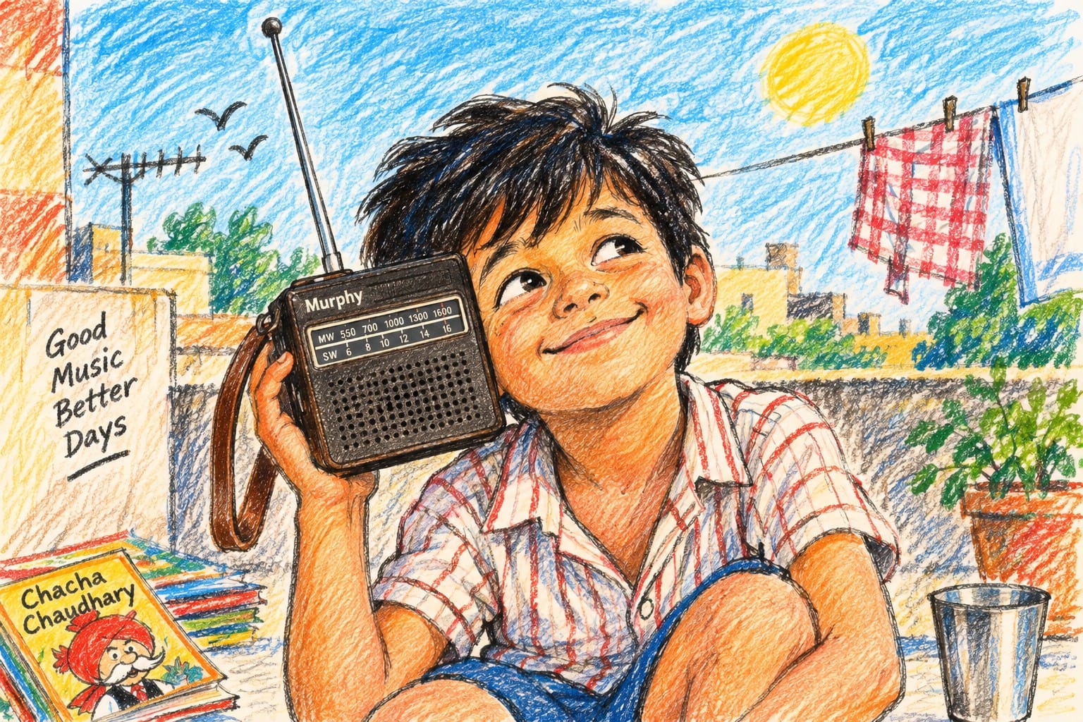 Child listening to a vintage Murphy transistor radio on a rooftop in a colorful crayon illustration