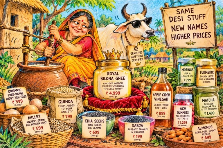 Colourful crayon illustration of an Indian village auntie churning bilona ghee beside an A2 cow wearing sunglasses, surrounded by overpriced superfoods including quinoa, chia seeds, millets, turmeric and apple cider vinegar.