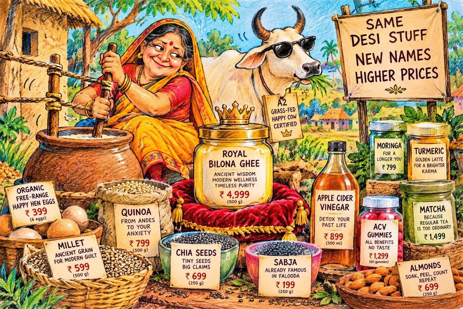 Colourful crayon illustration of an Indian village auntie churning bilona ghee beside an A2 cow wearing sunglasses, surrounded by overpriced superfoods including quinoa, chia seeds, millets, turmeric and apple cider vinegar.