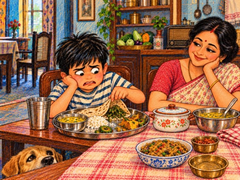 A child reluctantly lifts a roti over unwanted vegetables while his mother watches at a nostalgic Indian dining table, with a hopeful dog below.