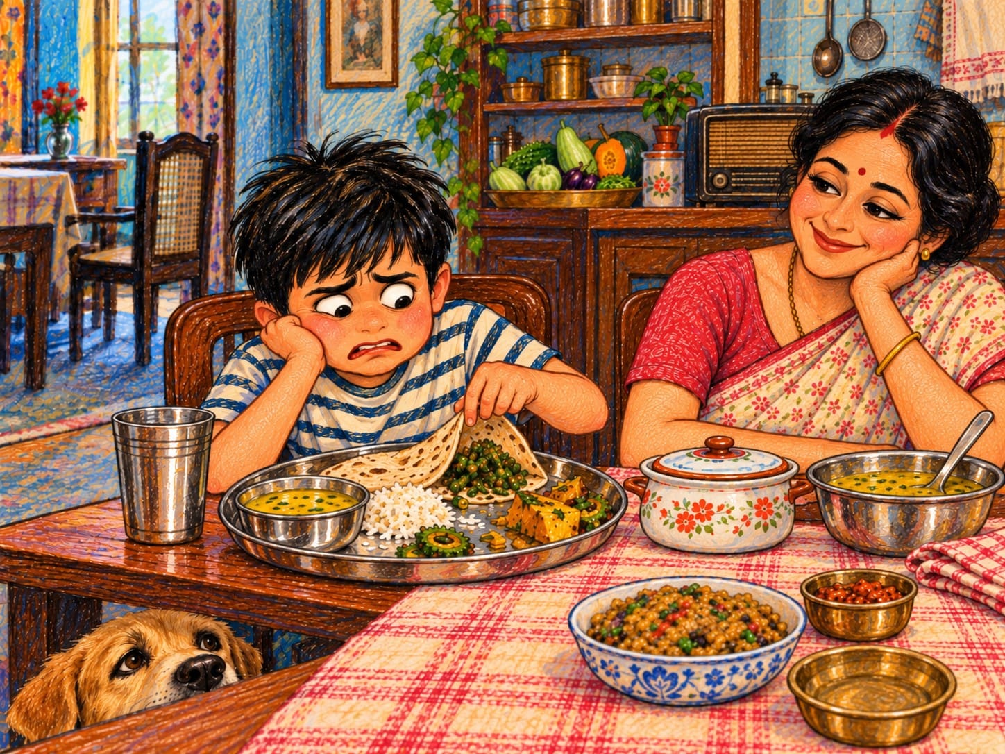 A child reluctantly lifts a roti over unwanted vegetables while his mother watches at a nostalgic Indian dining table, with a hopeful dog below.
