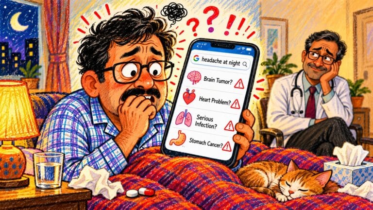 Colorful crayon illustration of a worried man searching Google for headache symptoms on his phone, discovering frightening diagnoses while an amused doctor watches and a cat sleeps peacefully.