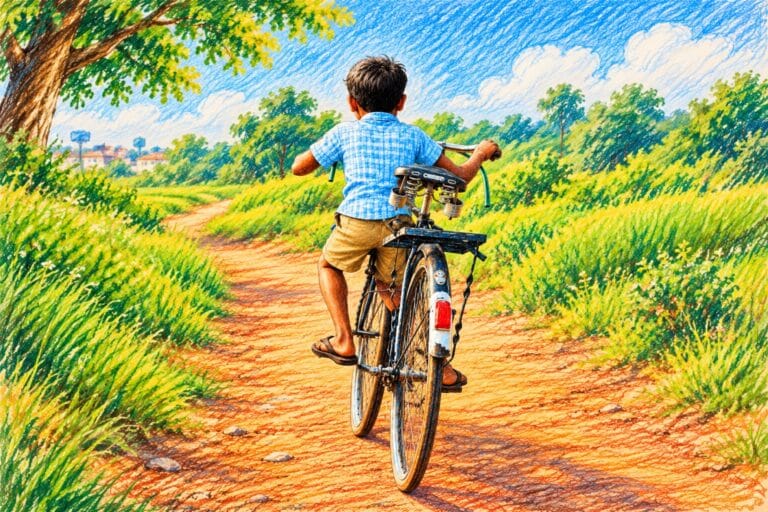 Colourful crayon illustration of an Indian boy wearing a blue shirt, shorts and chappals, riding an oversized vintage bicycle in Kainchi style on a countryside path.