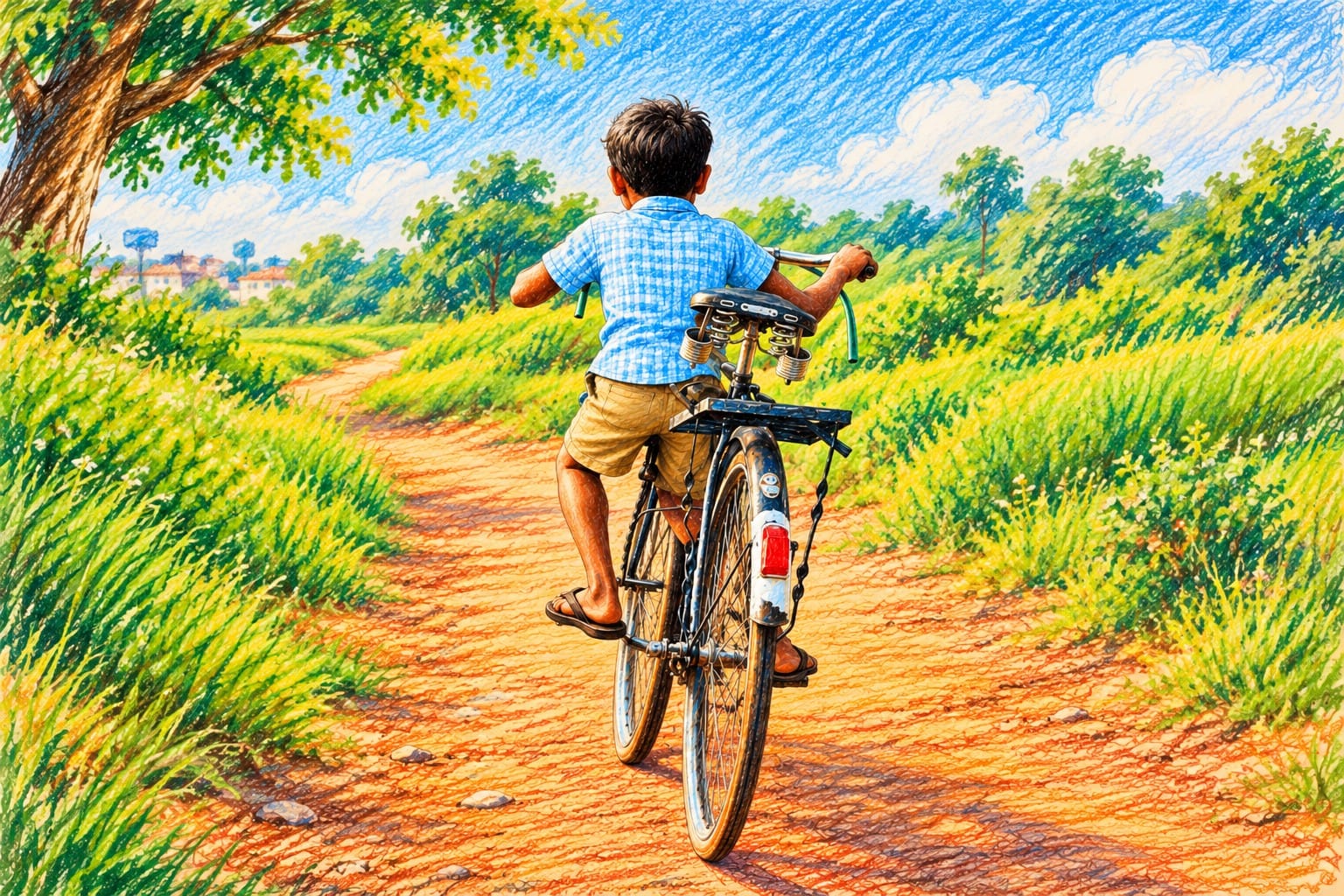 Colourful crayon illustration of an Indian boy wearing a blue shirt, shorts and chappals, riding an oversized vintage bicycle in Kainchi style on a countryside path.