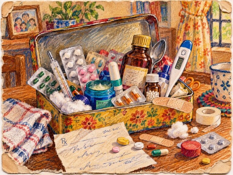 Colorful crayon illustration of an old Indian household medicine box filled with Crocin, Vicks, cough syrup, thermometers, Band-Aids, capsules, cotton and medicine strips, drawn on frayed vintage paper.
